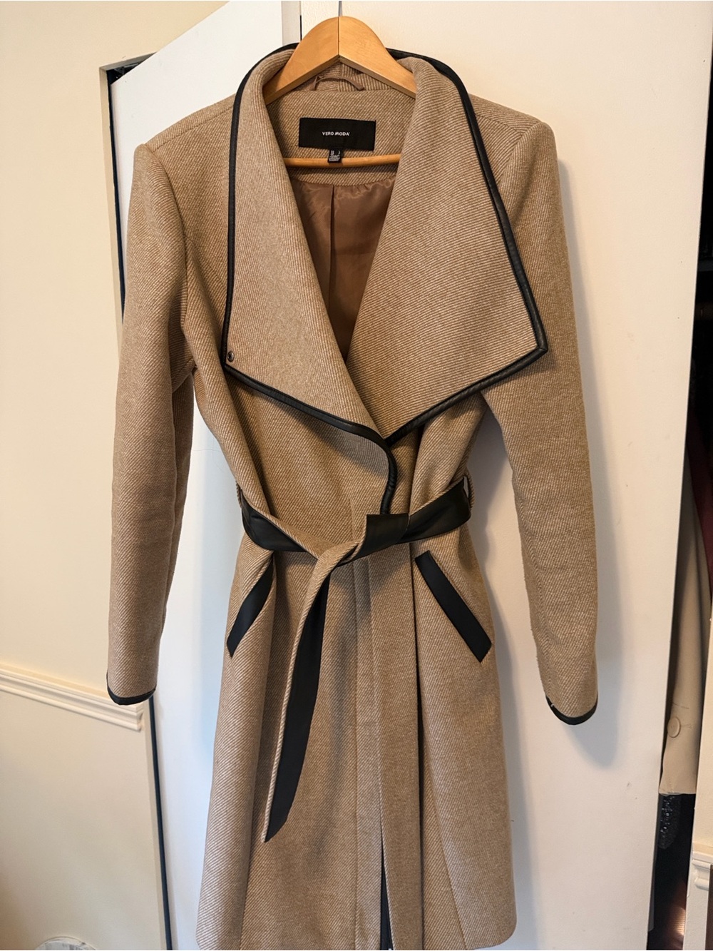 Vero Moda Tan Trench Coat with Black Faux Leather Trim and Belt